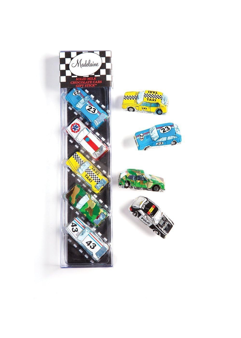 Madelaine Chocolate Company foil-wrapped mini cars, colorful packaging for displays.