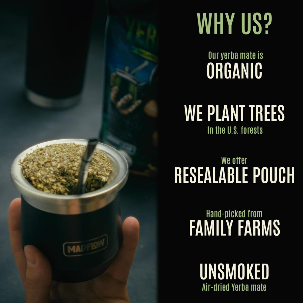 MADFLOW loose-leaf yerba mate close-up highlights vibrant leaves for rich aroma and smooth infusion.