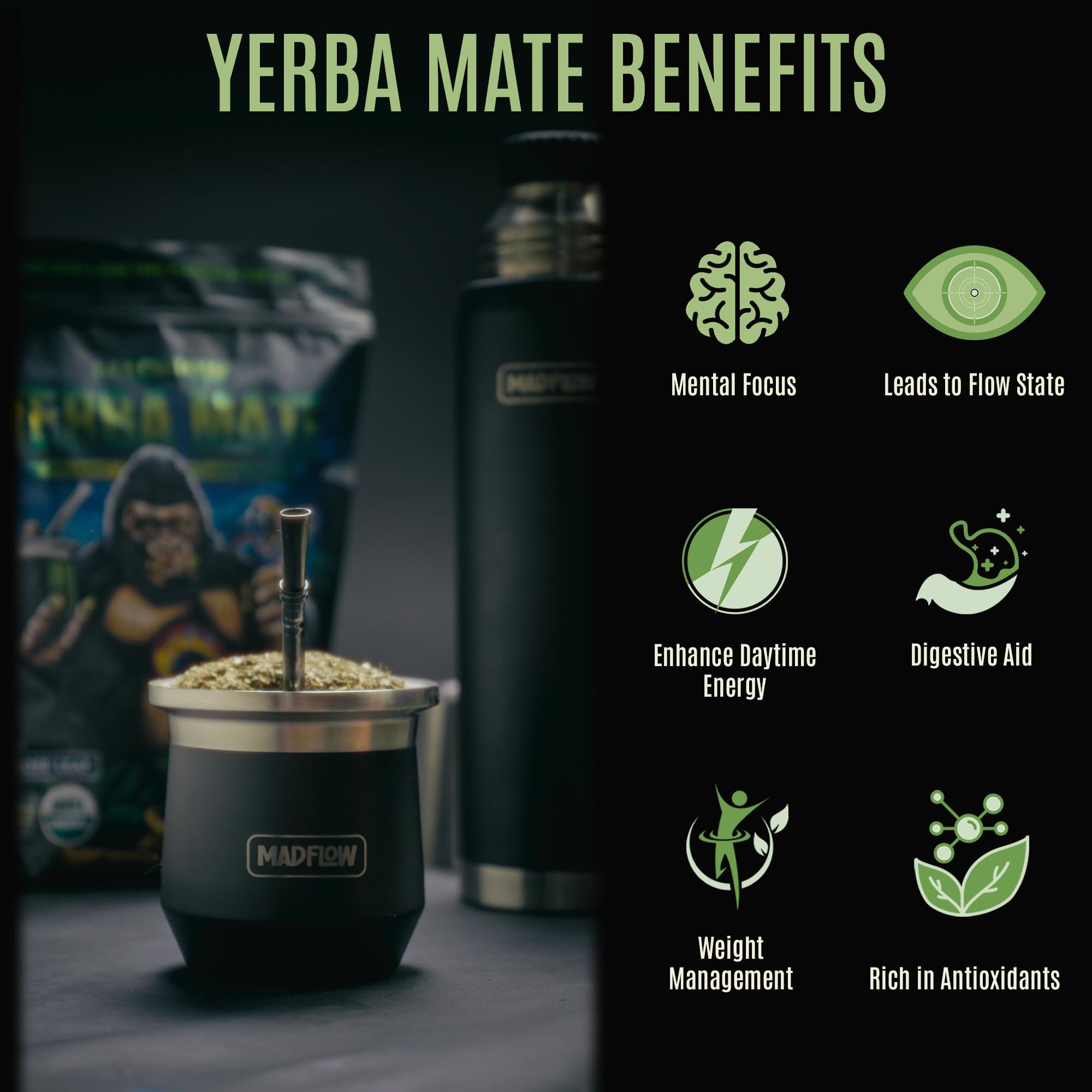 MADFLOW yerba mate cup with bombilla ready for traditional sipping and focused energy.