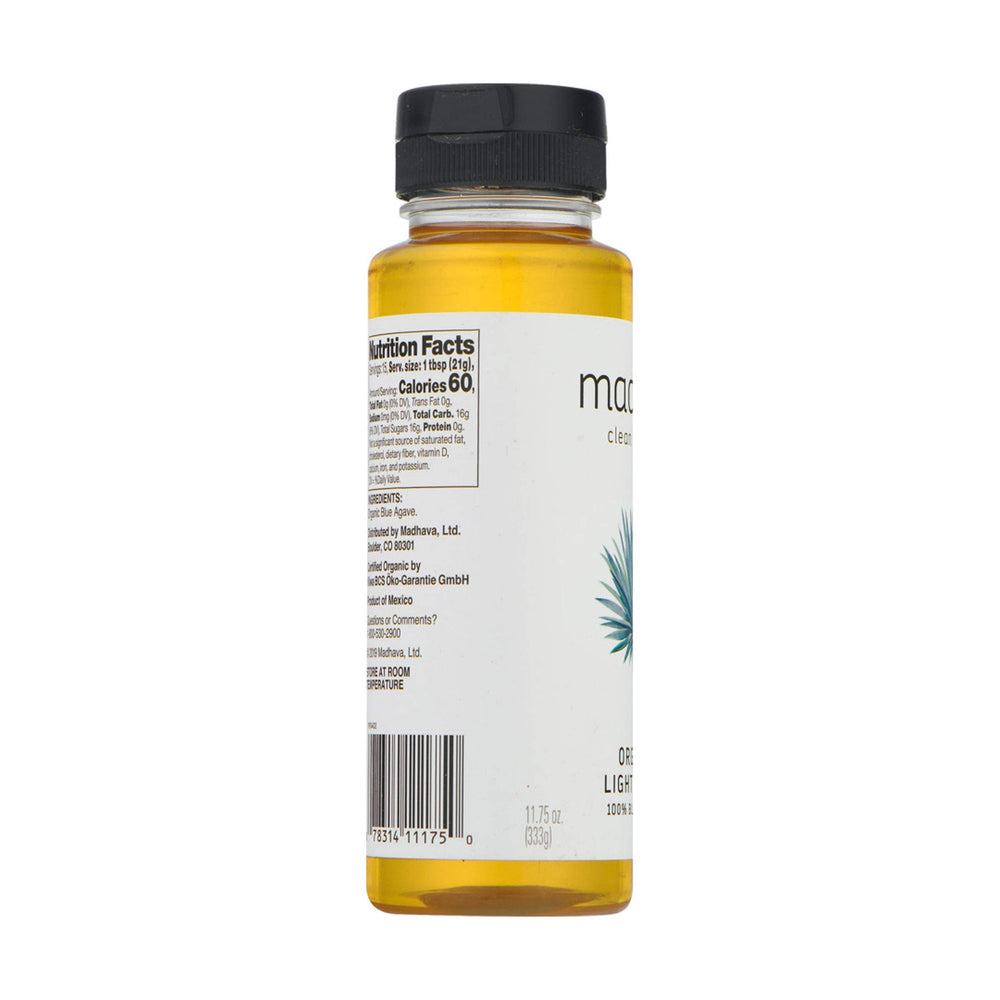 Madhava Agave Nectar Light bottle closeup-label—organic sweetener details