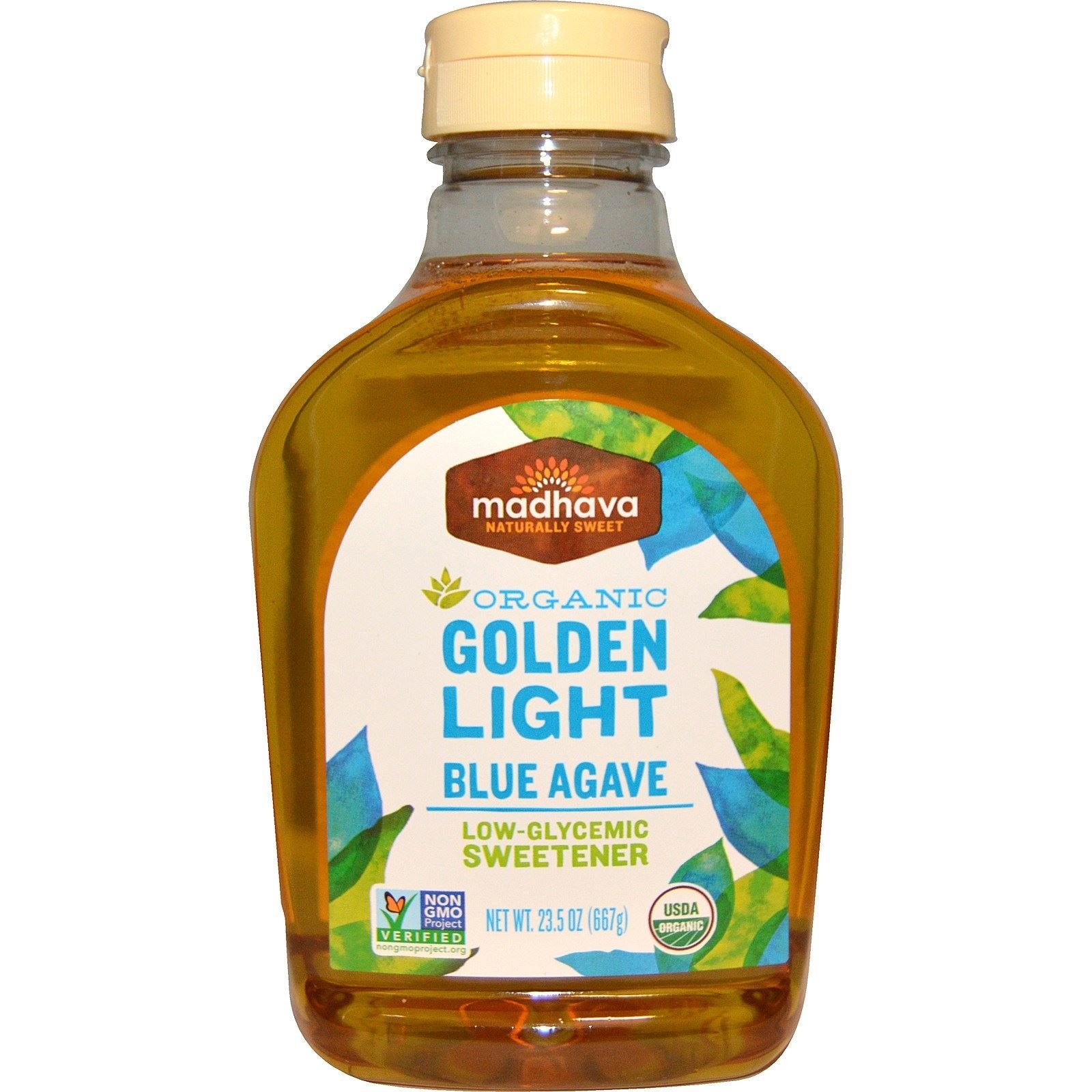 Madhava Organic Light Agave Nectar bottle being poured, versatile sweetener for beverages.