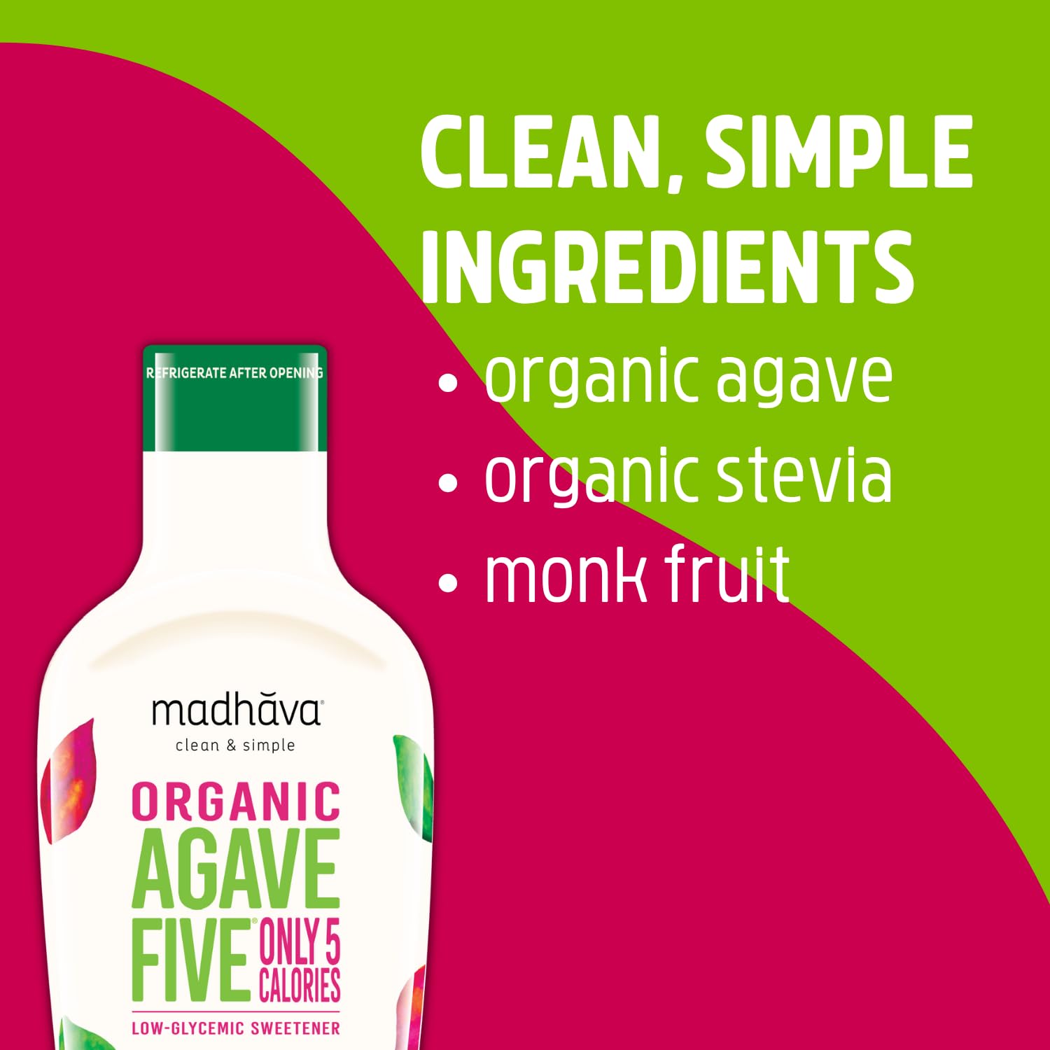 Madhava AgaveFIVE bottle on shelf signals premium organic sweetener.