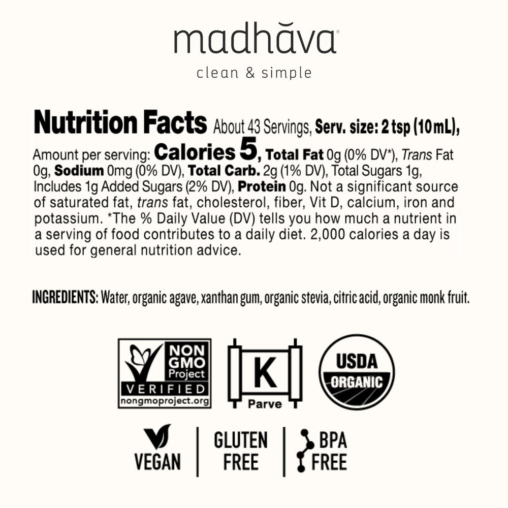 Madhava AgaveFIVE bottle pour for low-calorie sweetness in coffee or tea.