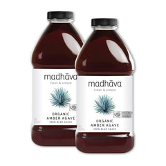 Madhava Amber Agave bottle on kitchen counter showcasing pure organic sweetness.