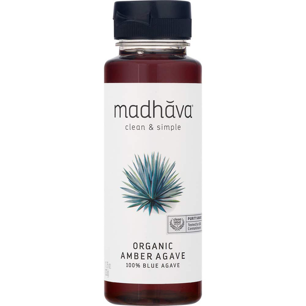 Madhava Amber Blue Agave bottle on countertop for everyday low glycemic sweetness.
