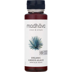 Madhava Amber Blue Agave bottle on countertop for everyday low glycemic sweetness.