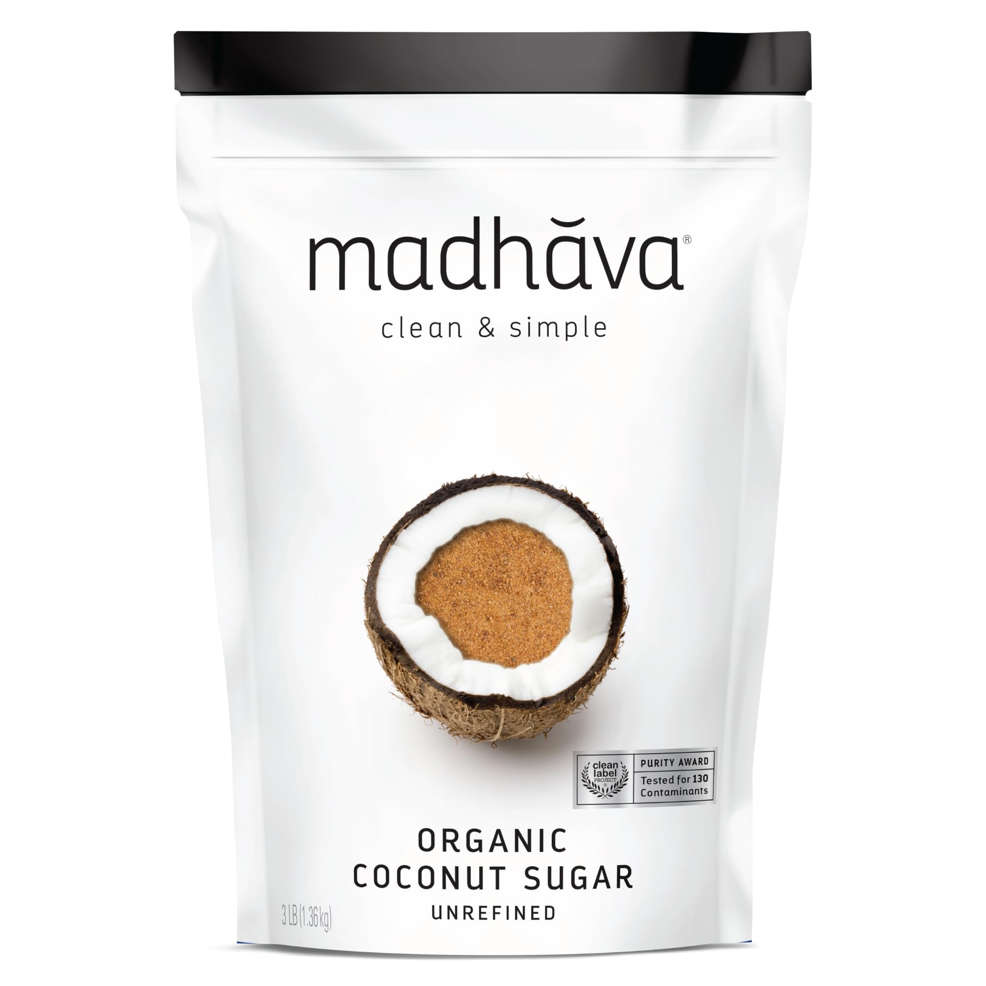 MADHAVA Organic Coconut Sugar 48oz bag on a kitchen counter, ideal for everyday baking.