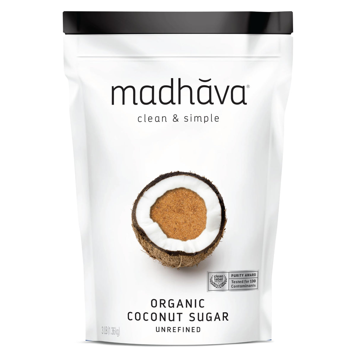 MADHAVA Organic Coconut Sugar 48oz bag on a kitchen counter, ideal for everyday baking.