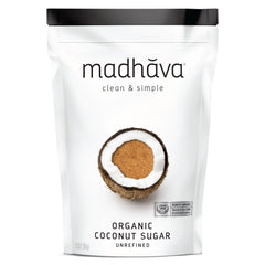 MADHAVA Organic Coconut Sugar 48oz bag on a kitchen counter, ideal for everyday baking.