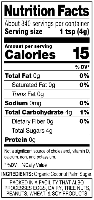 MADHAVA Coconut Sugar labeled 1:1 sugar substitute for recipes.