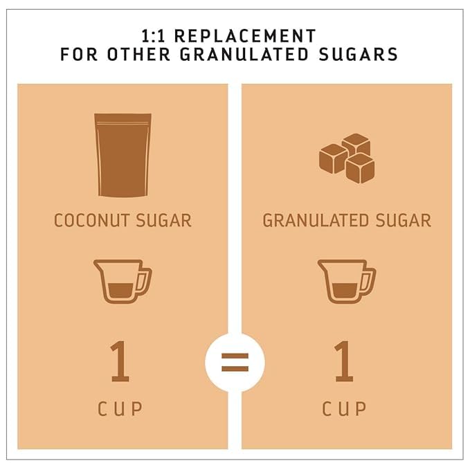 MADHAVA coconut sugar bag beside measuring spoons, perfect for precise sweetness.