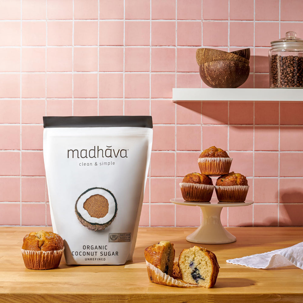 MADHAVA Coconut Sugar on pantry shelf, versatile sugar substitute for recipes.