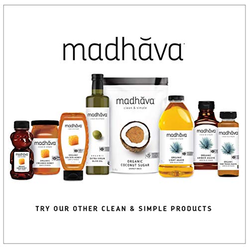 MADHAVA coconut sugar on countertop next to coffee, for everyday sweetness.