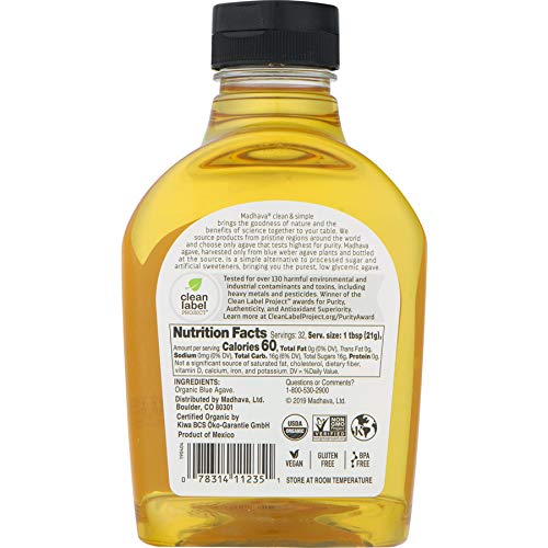 Madhava Organic Light Agave Nectar bottle in Mexico packaging shows sourcing.