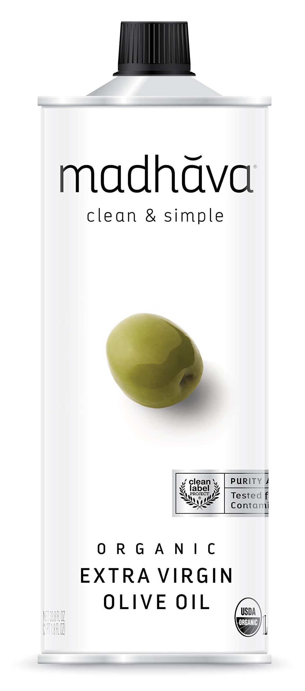 Madhava Organic Olive Oil 1L tin, ideal for pantry staple and light sautéing.
