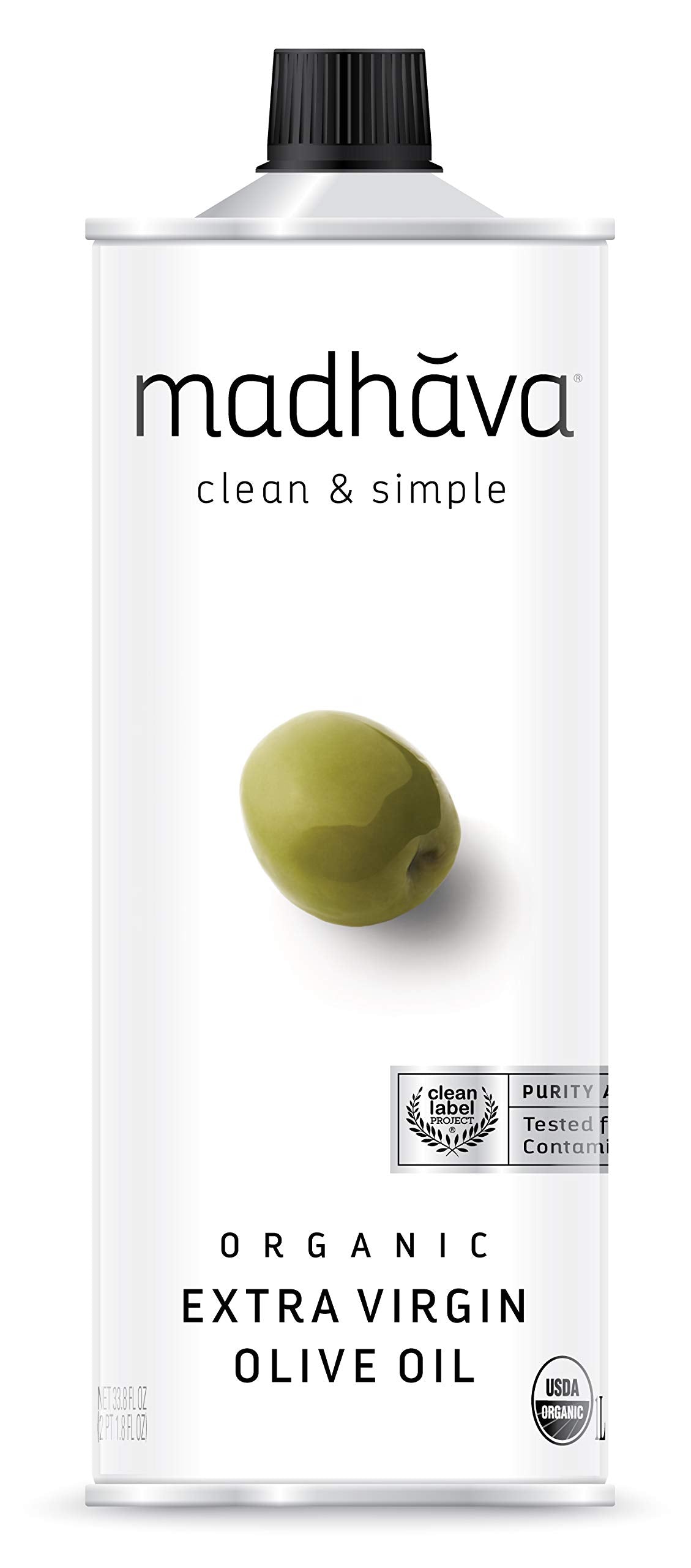 Madhava Organic Olive Oil 1L tin, ideal for pantry staple and light sautéing.
