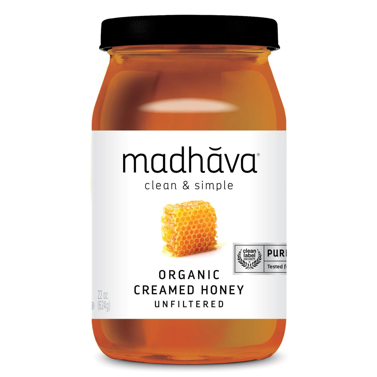 Madhava Organic Honey 22 oz jar front view, ideal for tea and recipes