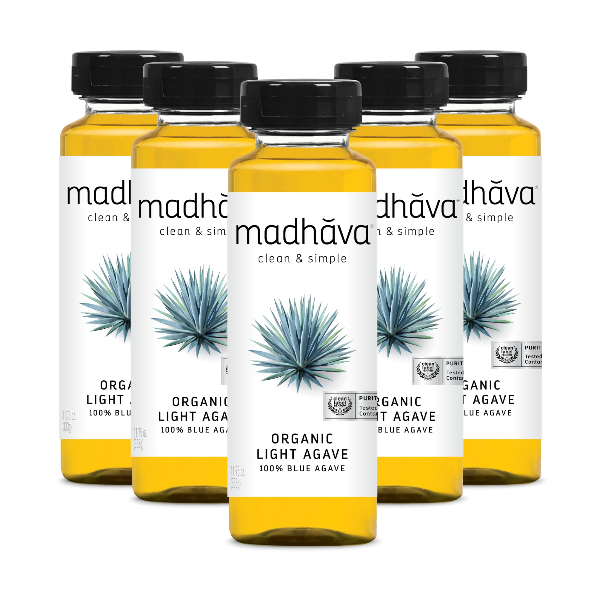 Madhava Organic Light Agave Nectar bottle on counter, ideal natural sweetener for beverages.