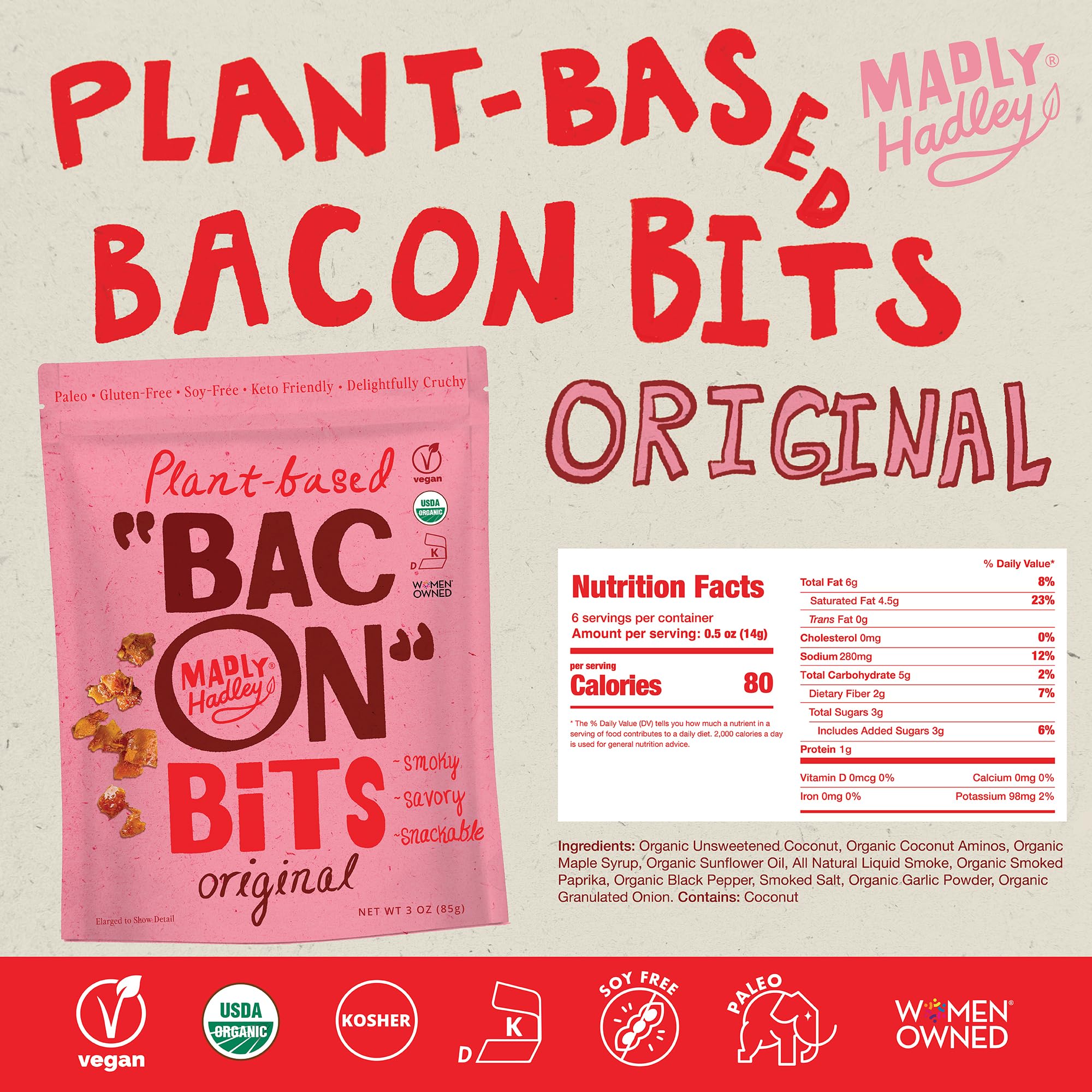 Madly Hadley organic coconut crumbs as vegan bacon topping for bowls