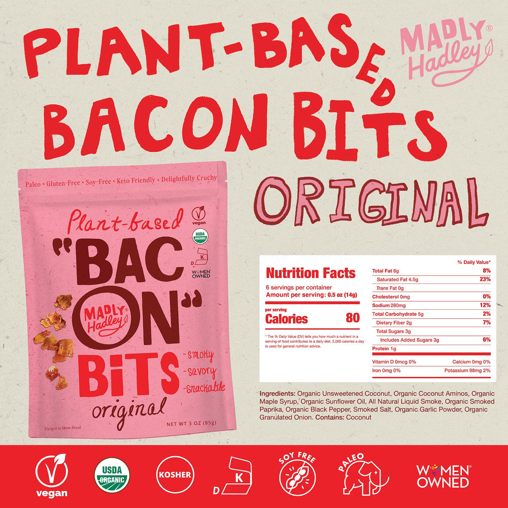 Madly Hadley organic coconut crumbs as vegan bacon topping for bowls