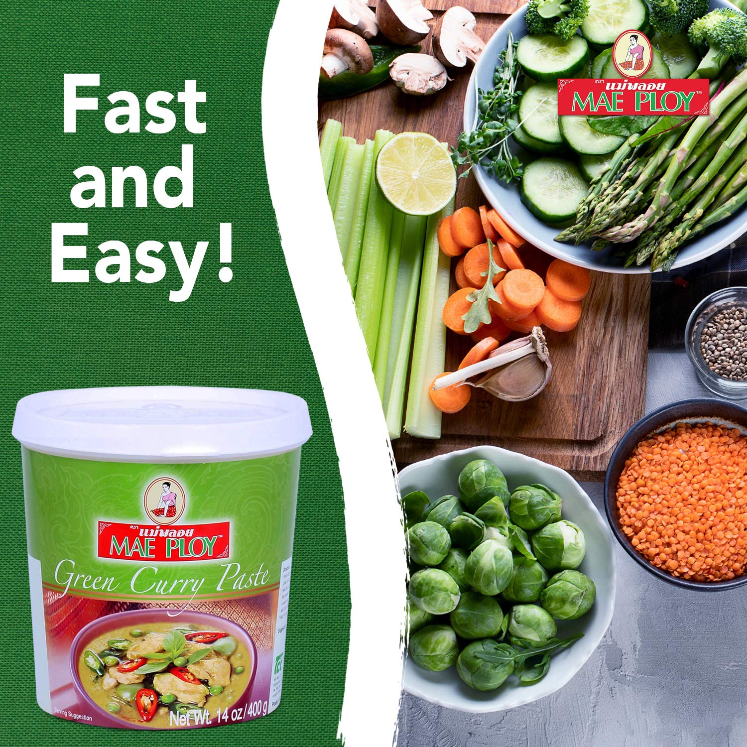 Mae Ploy Green Curry Paste marinate vegetables or seafood for easy meals.