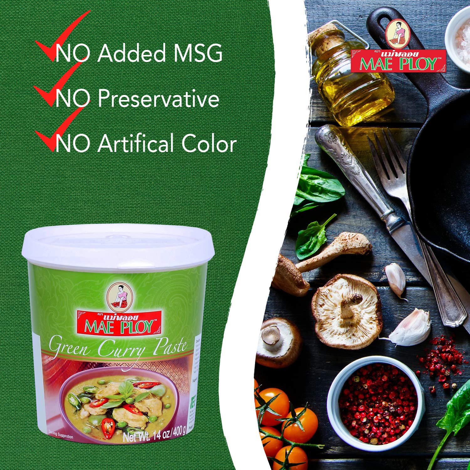 Mae Ploy Green Curry Paste resealable tub emphasizes hygiene and convenient portioning.