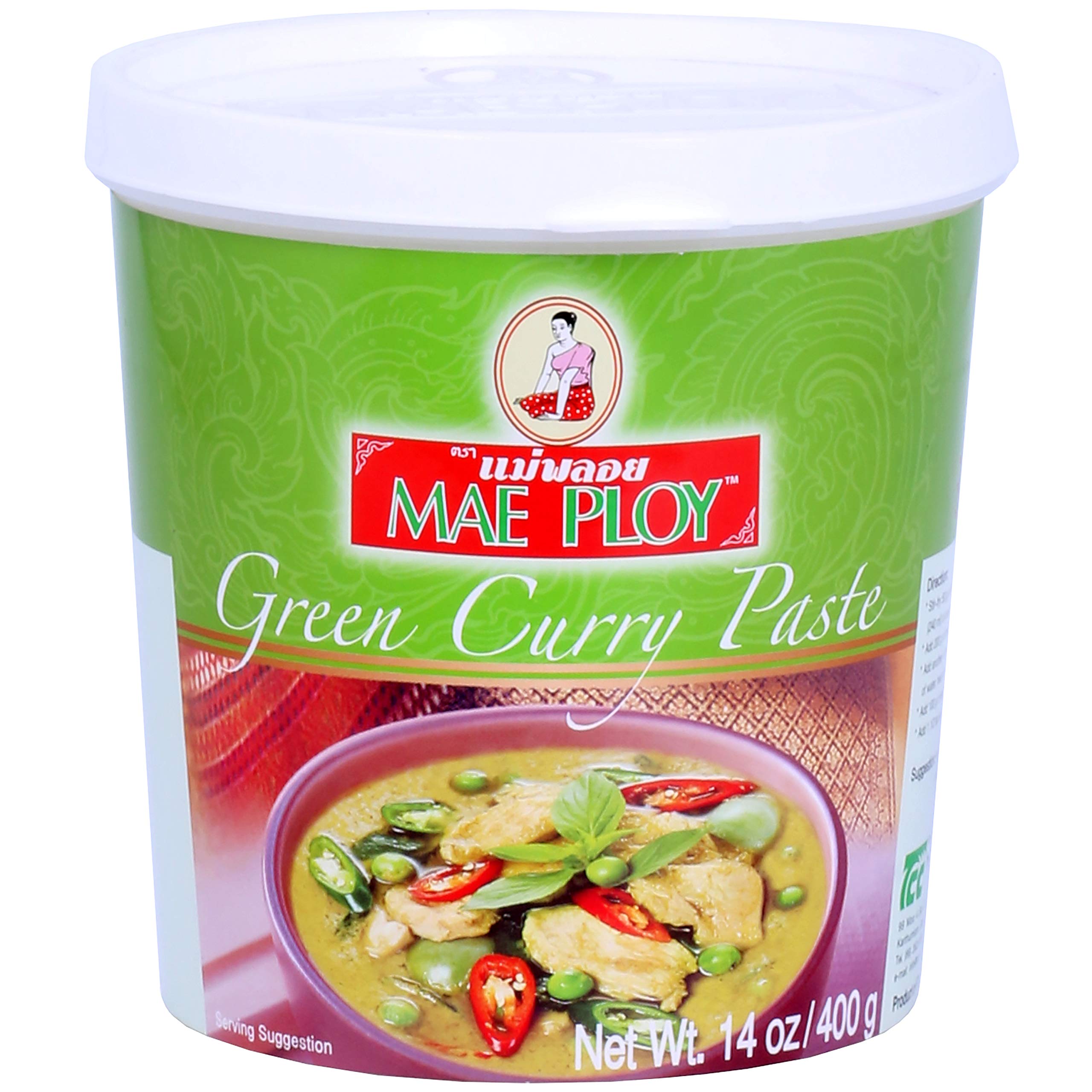 Mae Ploy Green Curry Paste tub viewed from the front, ready to flavor authentic Thai curries.