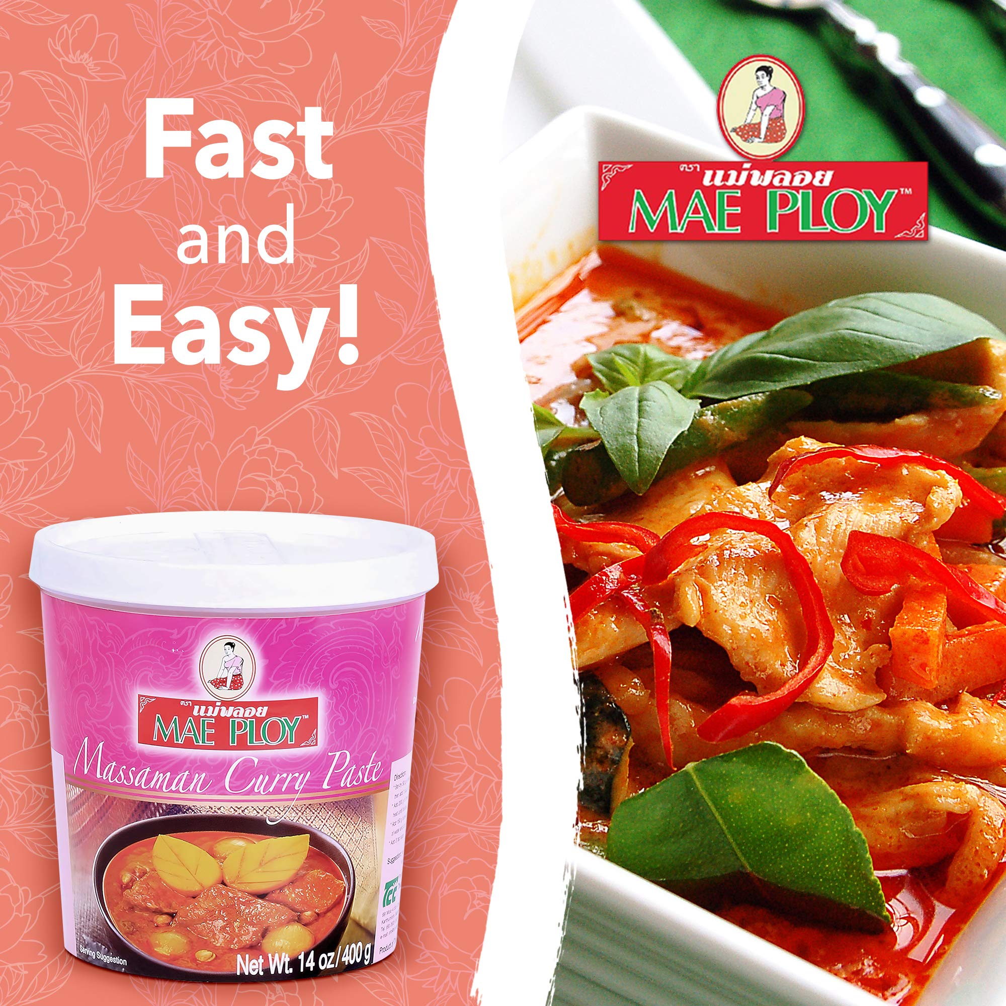 Kitchen scene with Mae Ploy Massaman paste ready to cook.