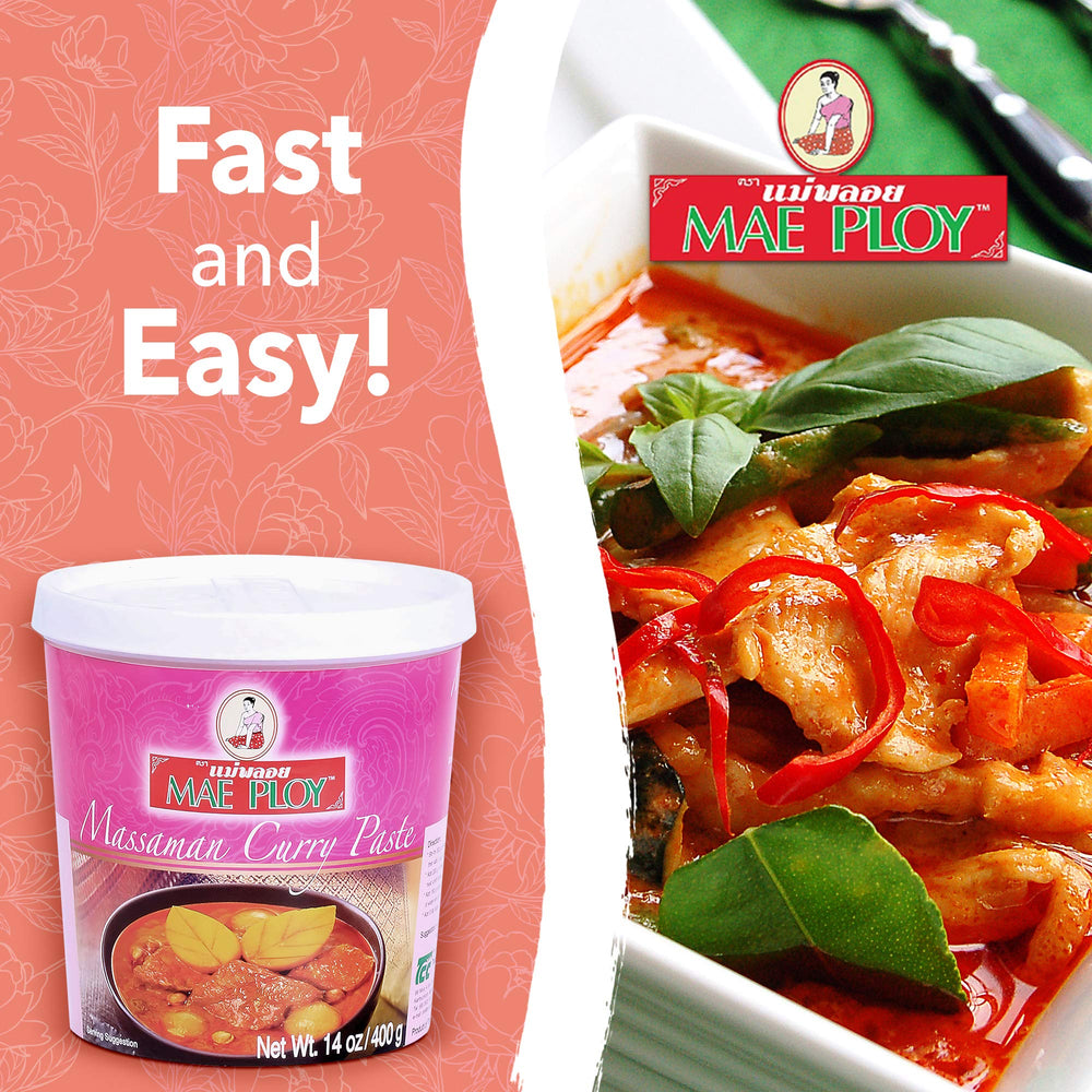 Kitchen scene with Mae Ploy Massaman paste ready to cook.