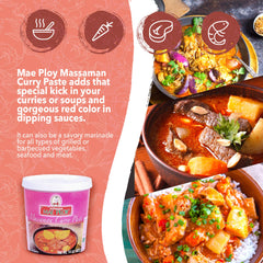 Mae Ploy Massaman curry paste spoonful highlighting smooth texture for quick curry base.