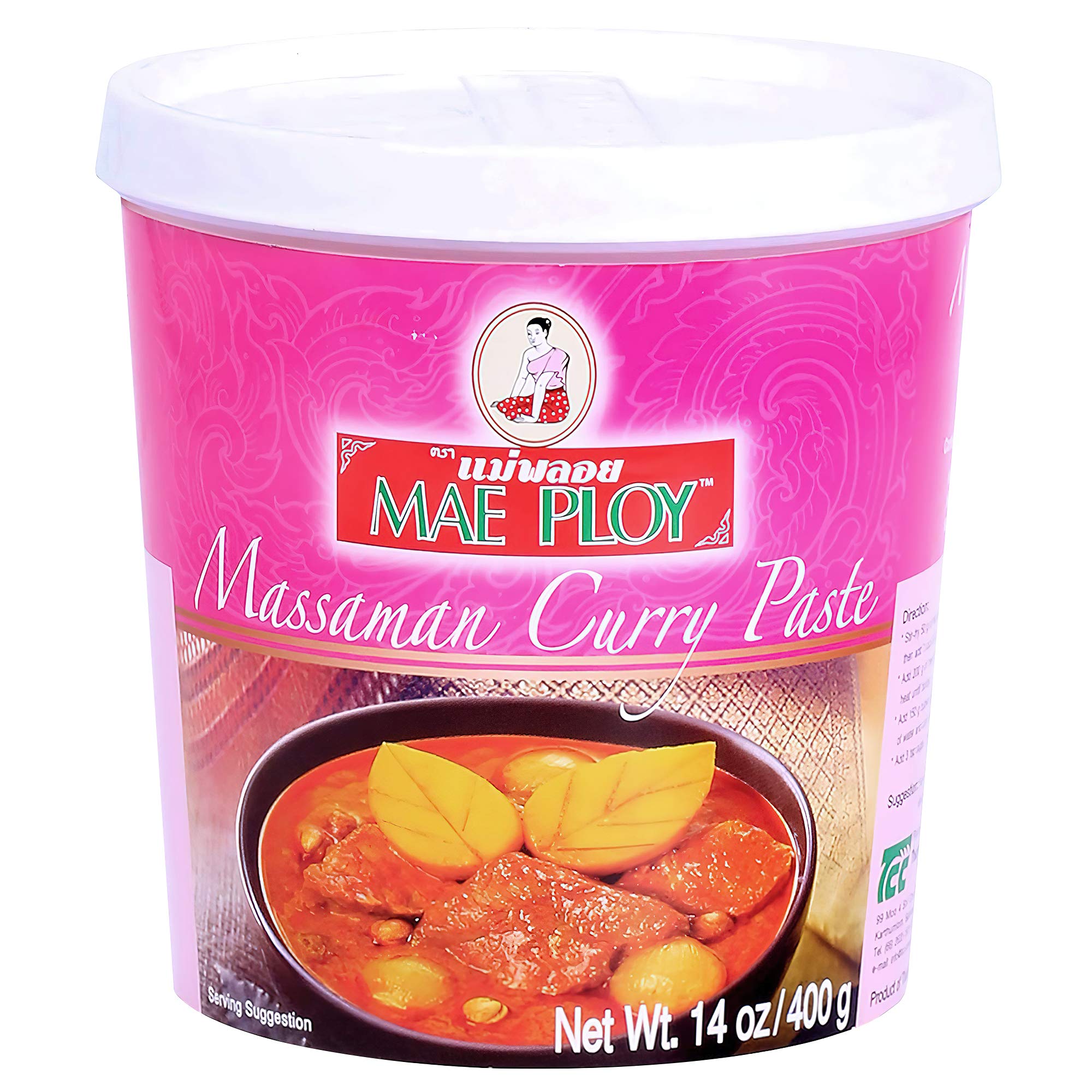 Mae Ploy Massaman curry paste tub shown for authentic Thai flavor in curries.