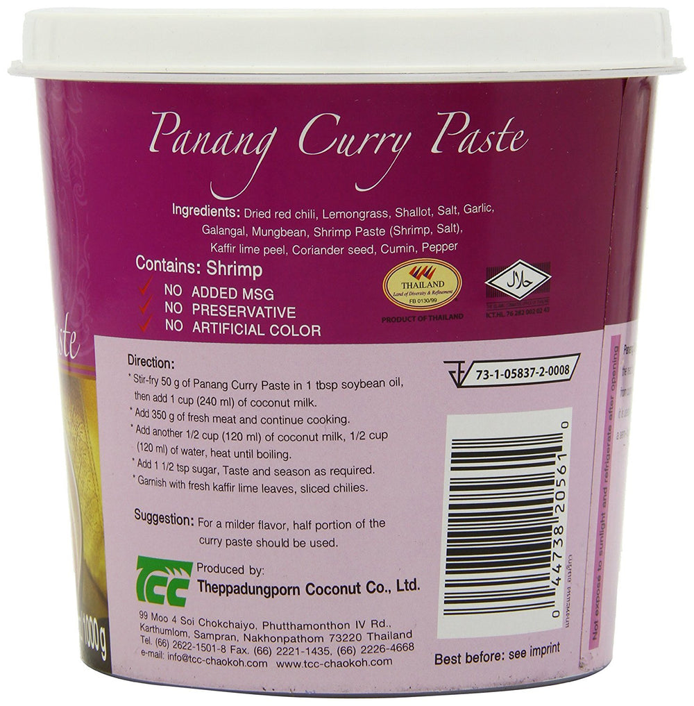 Mae Ploy Panang paste tub front, convenient resealable packaging for fresh leftovers.