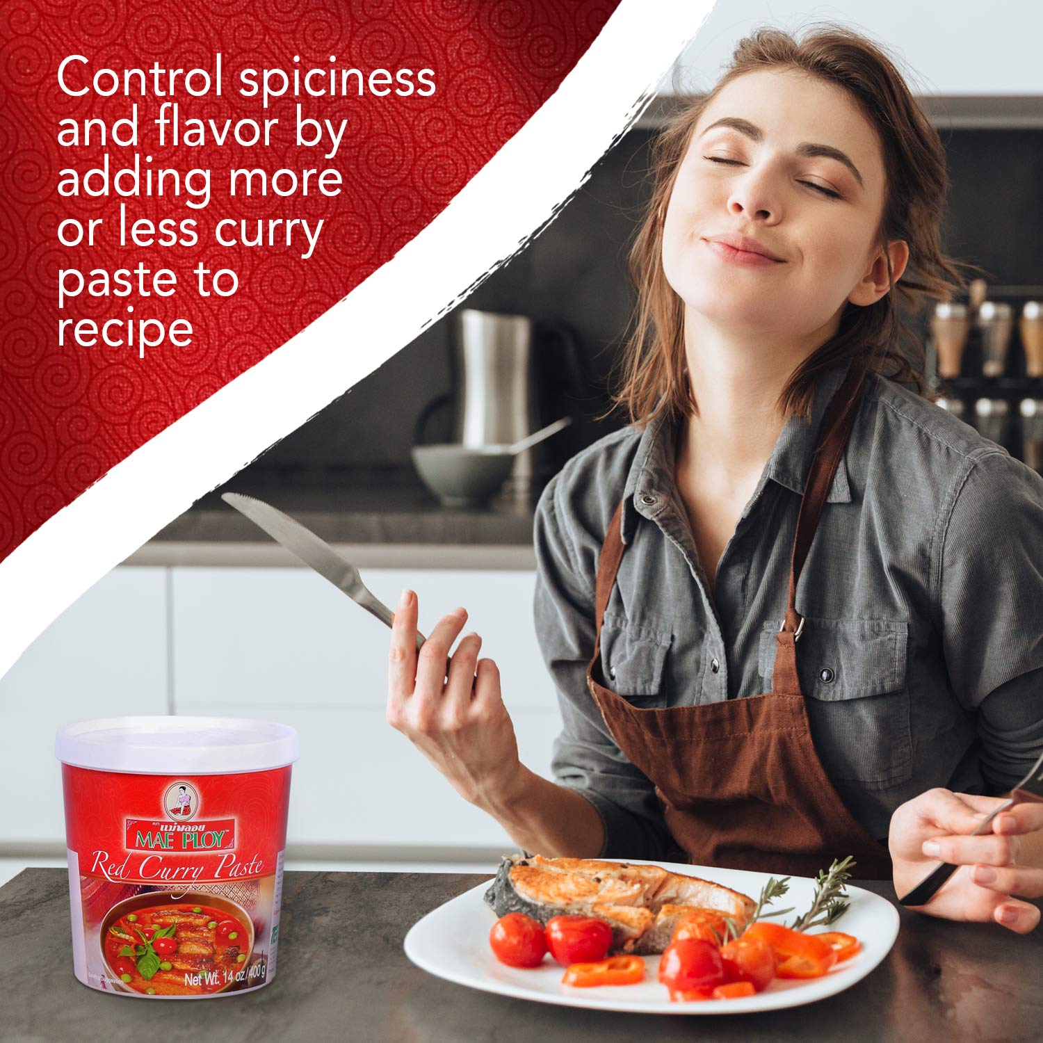 Mae Ploy Red Curry Paste tub close-up showing texture and color