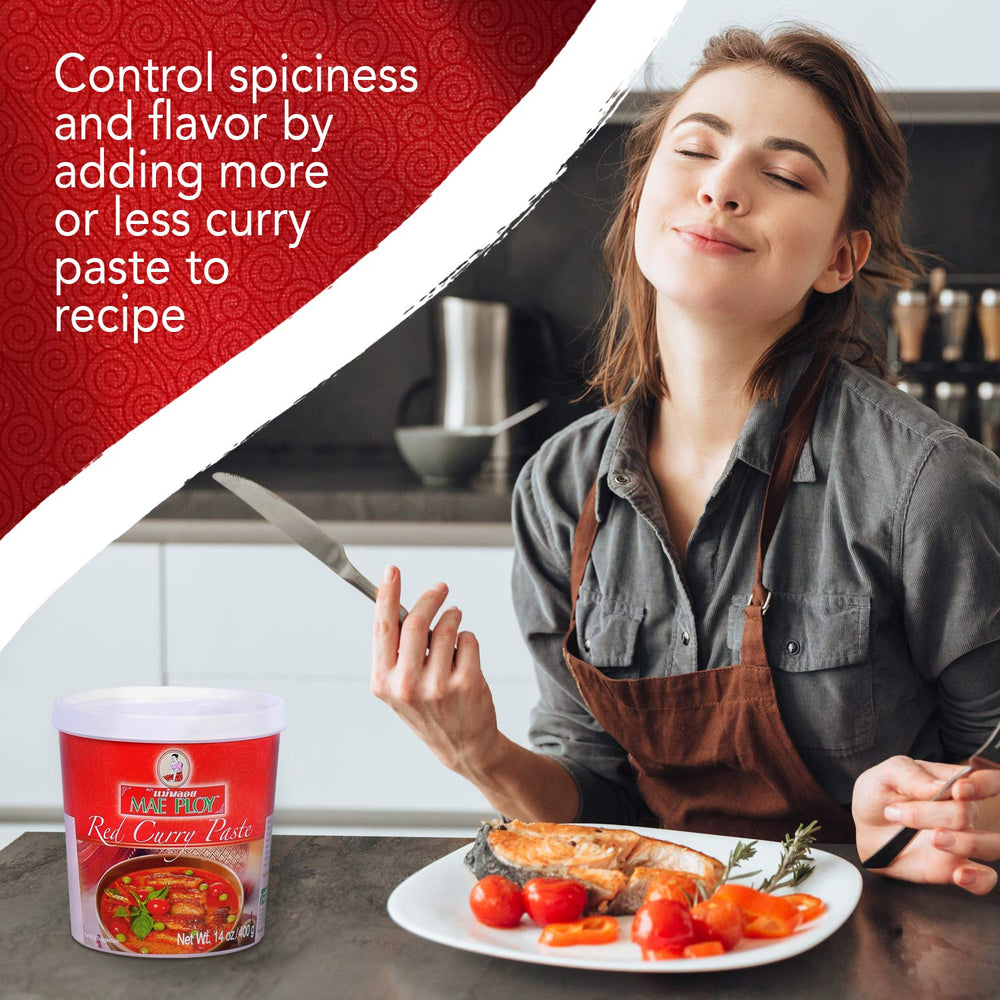 Mae Ploy Red Curry Paste tub close-up showing texture and color