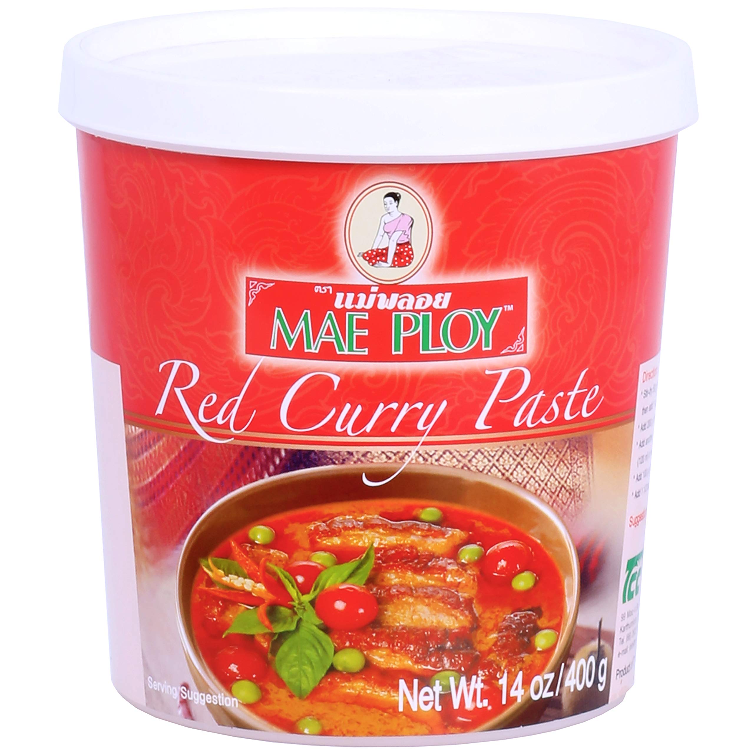 Mae Ploy Red Curry Paste tub front for authentic Thai curry at home