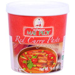 Mae Ploy Red Curry Paste tub front for authentic Thai curry at home