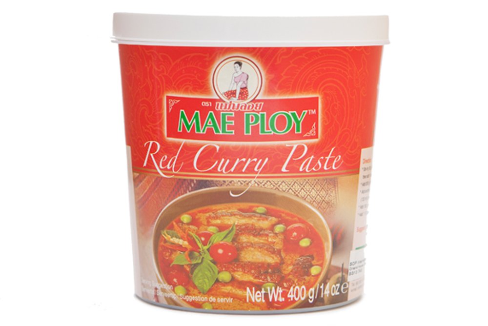 Mae Ploy red curry paste tub, authentic Thai flavor for curries at home