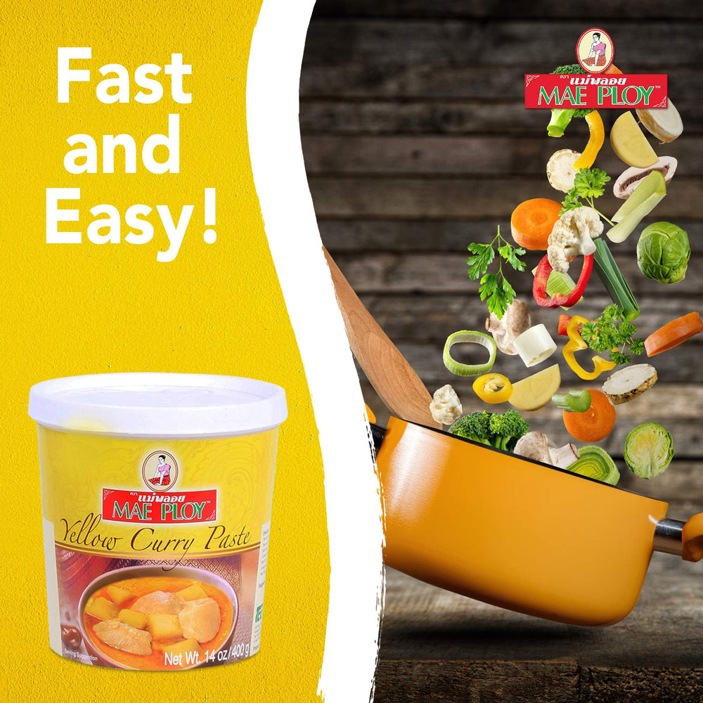 Mae Ploy yellow curry paste used as a versatile marinade for proteins.