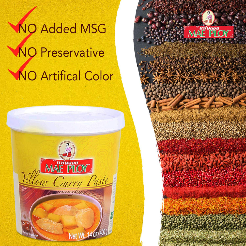 Mae Ploy yellow curry paste in resealable tub for convenient use.