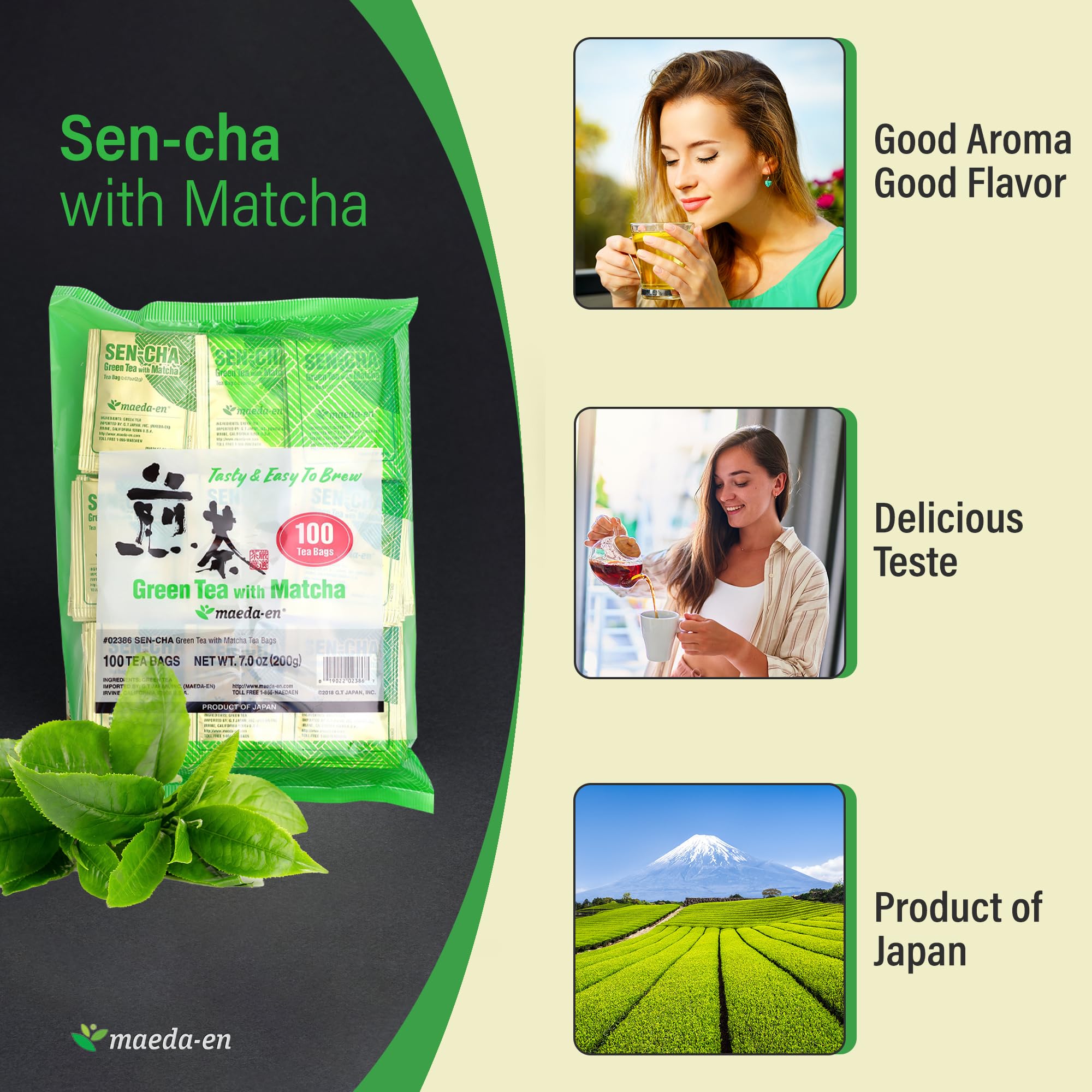 MAEDA-EN green tea leaves close-up showing Sen-cha with Matcha blend.