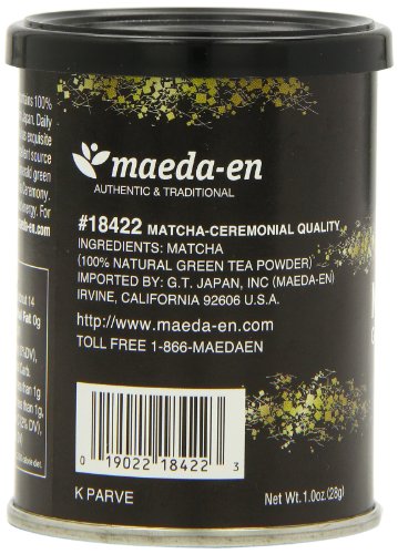 Maeda-En matcha powder info label noting Japan origin