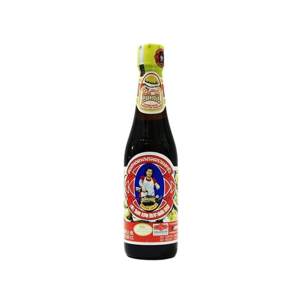 Maekrua Oyster Sauce bottle highlights rich umami for quick stir-fries.