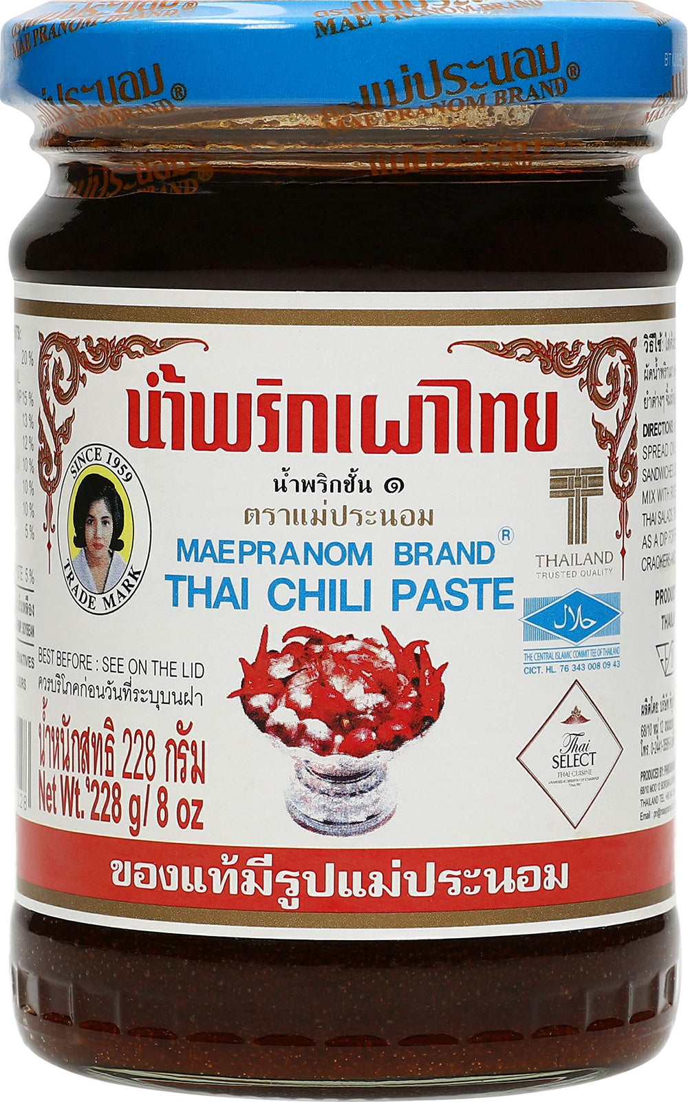 Mae Pranom Thai Chili Paste 8oz jar—full flavor ready to boost Thai dishes.