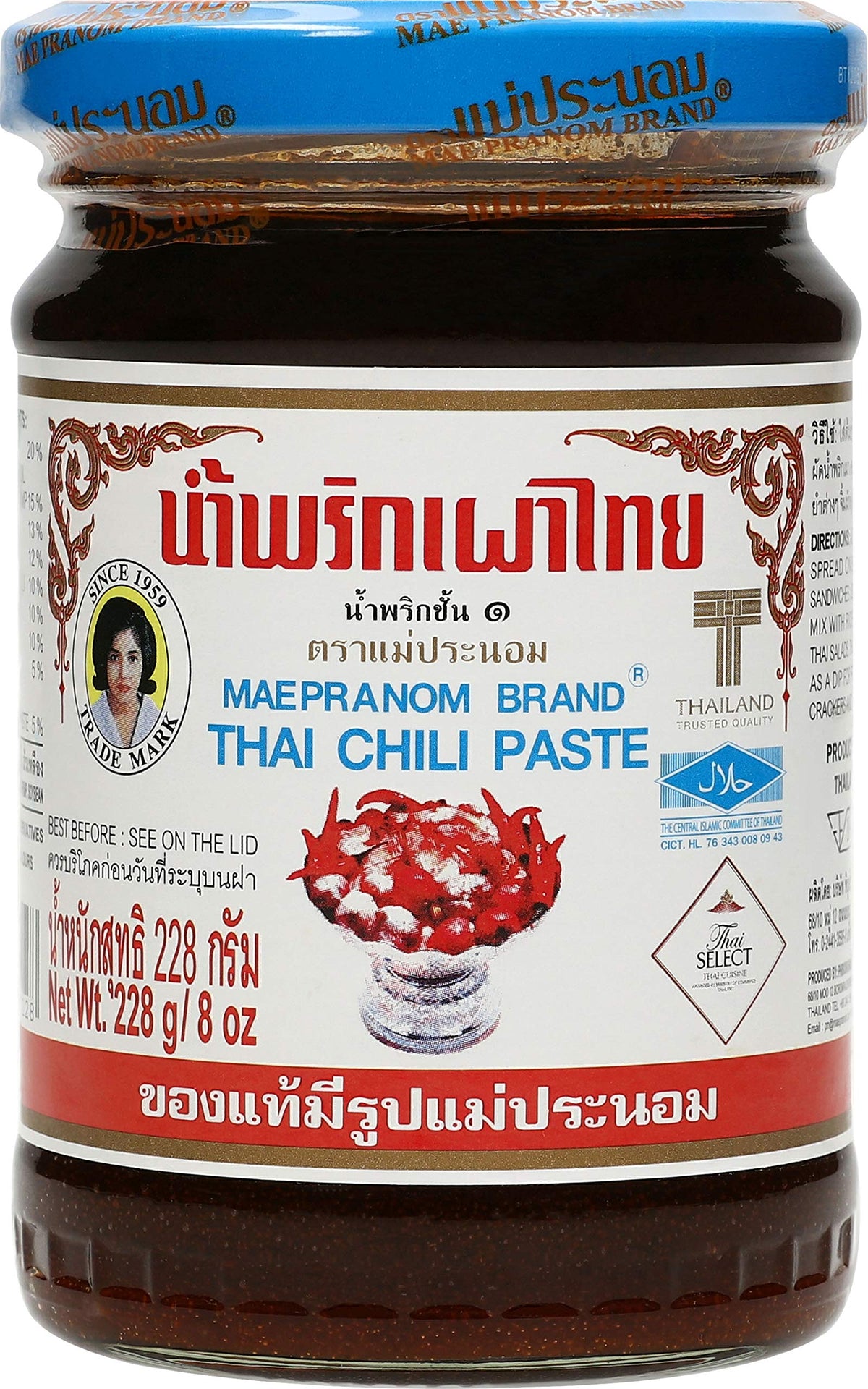Mae Pranom Thai Chili Paste 8oz jar—full flavor ready to boost Thai dishes.