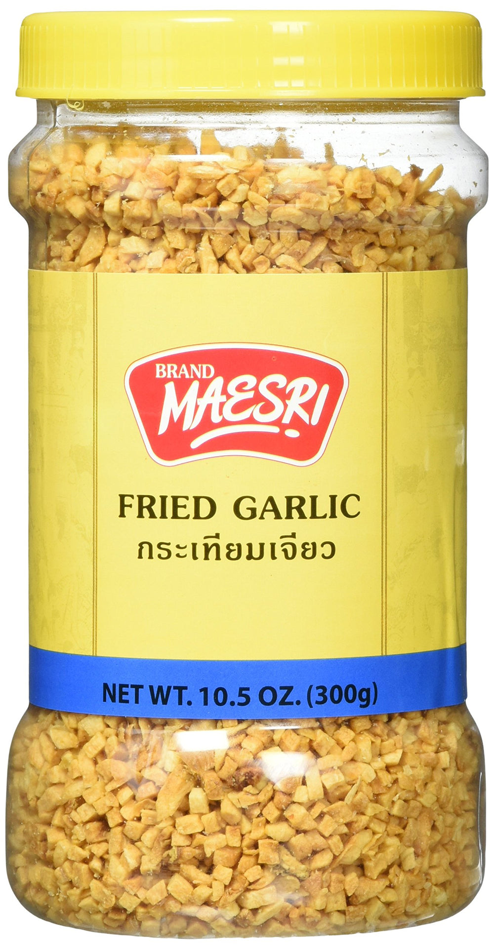 Maesri Fried Garlic packaging label highlights all-natural, non-GMO quality for Thai cuisine.