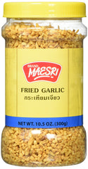 Maesri Fried Garlic packaging label highlights all-natural, non-GMO quality for Thai cuisine.