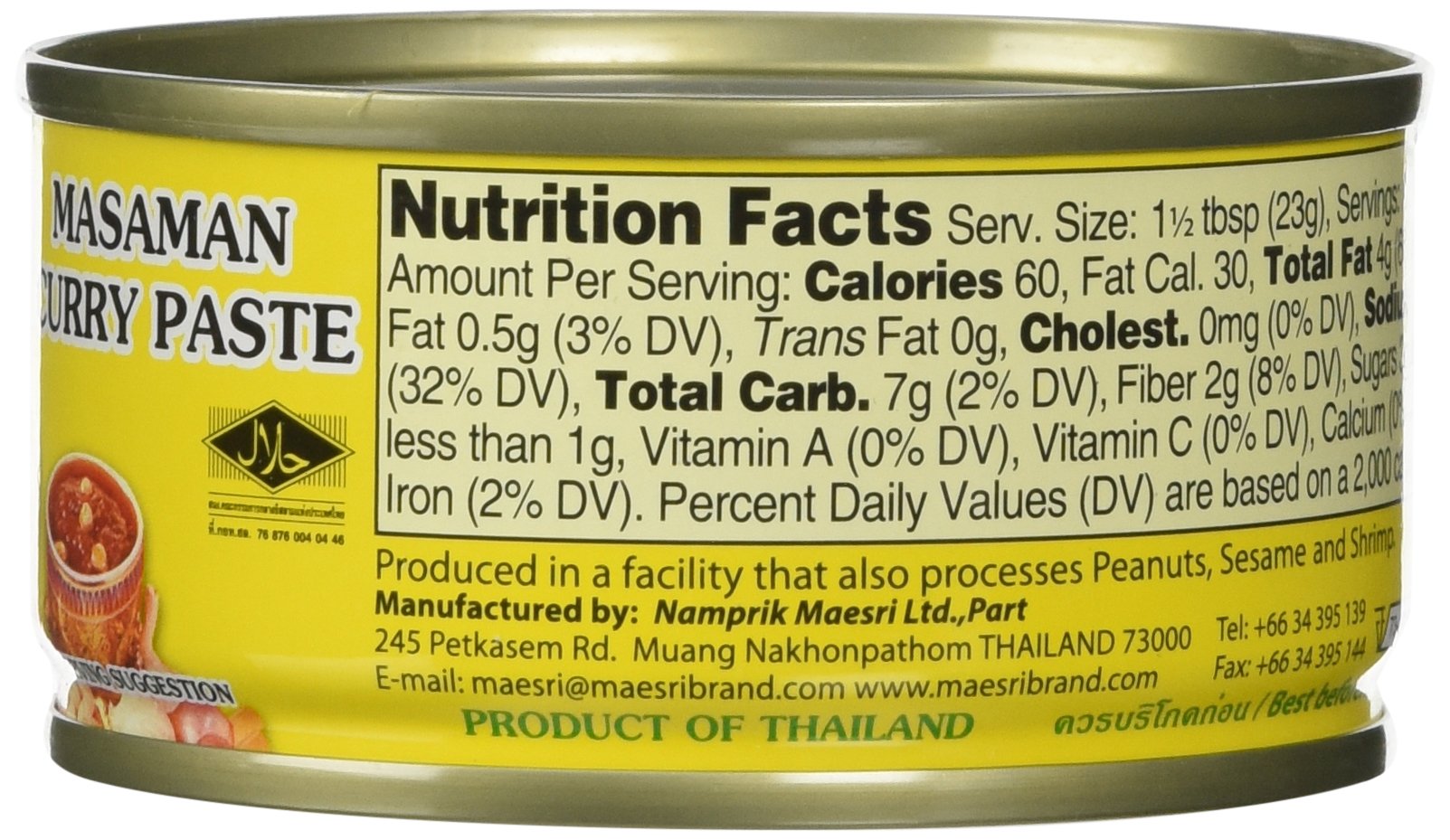 Maesri Massaman paste jar back with ingredients and origin information.