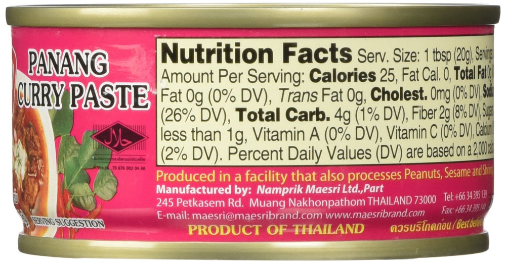 Maesri Panang curry label closeup showing authentic Thai flavor cues.