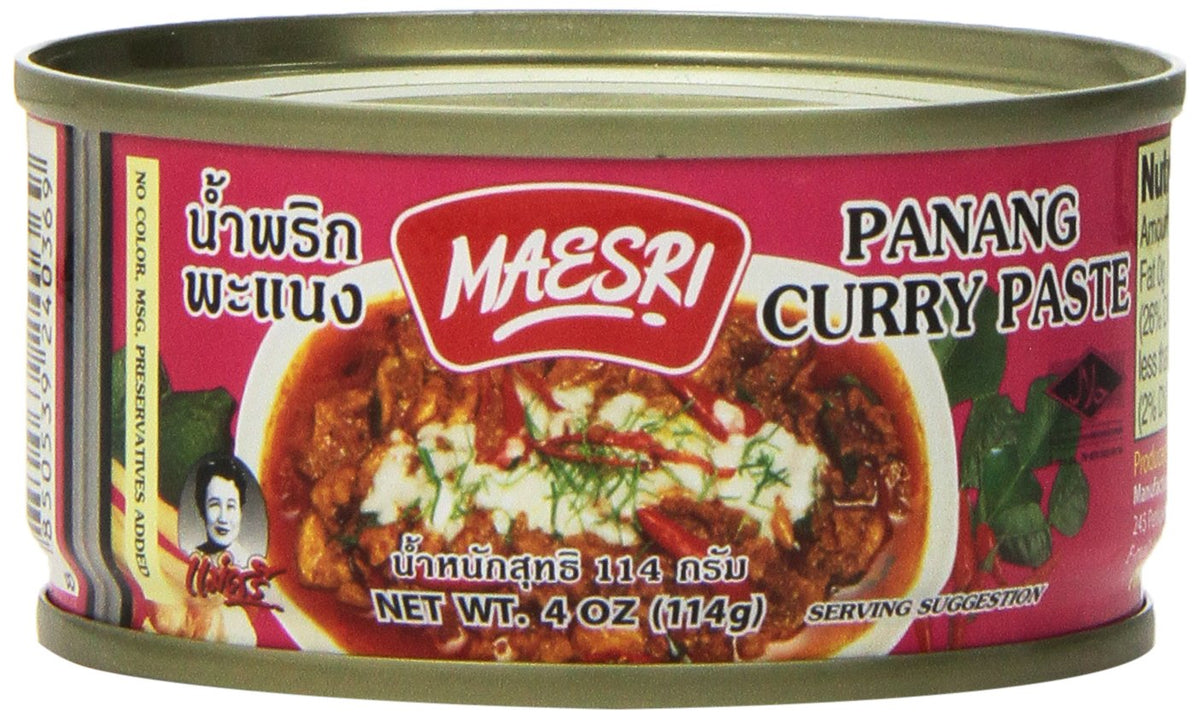 Maesri Panang curry paste four-pack bottles front view for quick Thai meals.