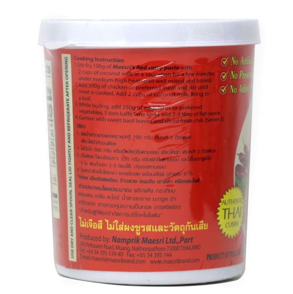 Maesri Red Curry Paste ready-to-use in a simmered curry with coconut milk.